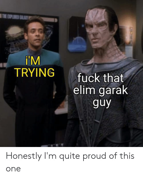 The meme is a screenshot from the TV show Star Trek: Discovery, featuring a character (Sarek) who is known for being stoic and serious. In the image, the character's normally stoic expression is replaced with a look of frustration and anger, with the caption "I'M TRYING" (in a bold, angry font) and "FUCK THAT ELITE MINDS ARE SUPPOSED TO KNOW HOW TO DO IT RIGHT NOW" (in a smaller, more sarcastic font) written above and below the character's face, respectively. The meme is poking fun at the character's normally calm and collected demeanor, implying that even he is frustrated with the demands of being a high-ranking official in the Star Trek universe.